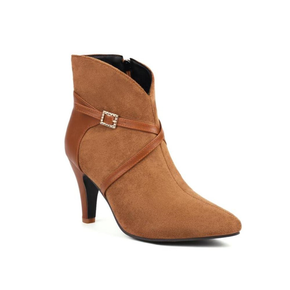 (brown, 39) Women Ankle Boots Pointed Toe Thick High Heels Zipper Buckle Short Boots Ladies Fashion Shoes Autumn Winter Black Red 46
