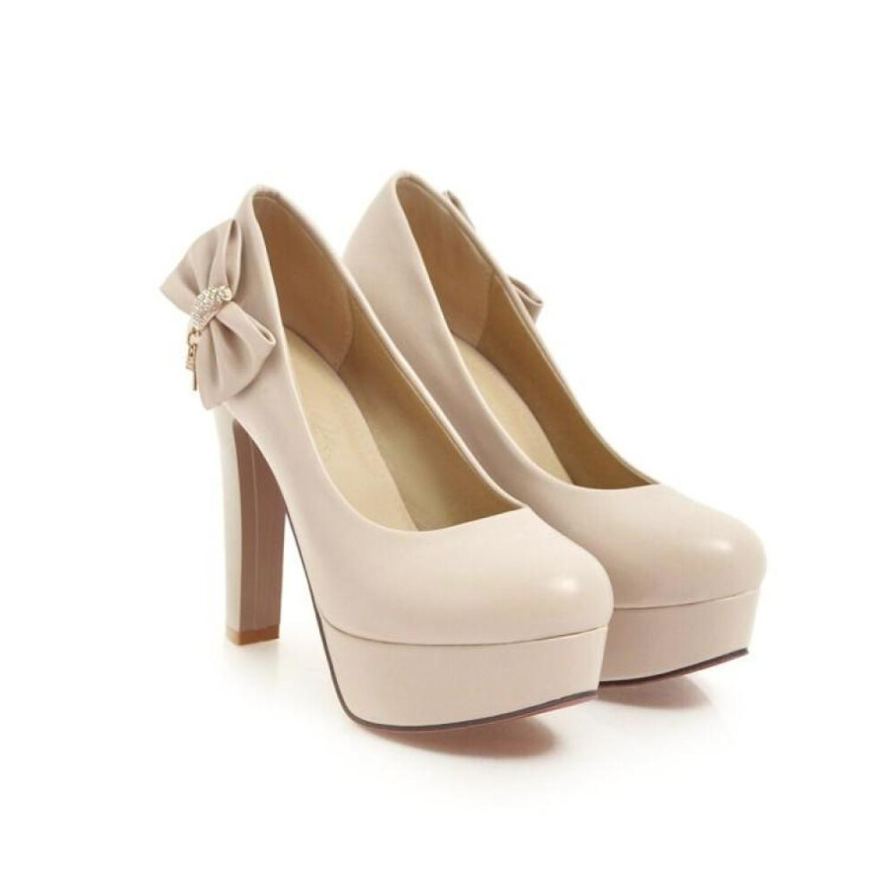 (beige, 38) Women Pu Leather Pumps Platform Super High Hoof Heels Round Toe Bow Sweet Party Spring Autumn Shoes Black White Beige