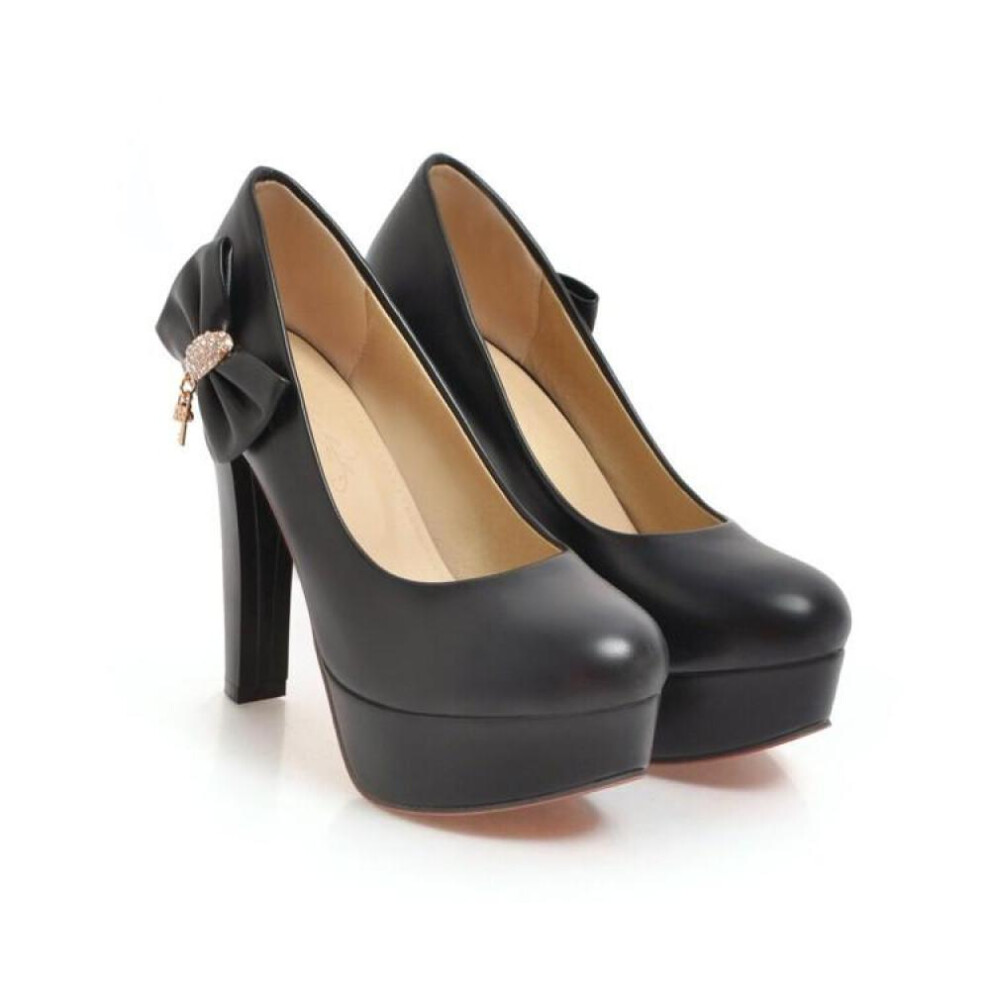 (black, 39) Women Pu Leather Pumps Platform Super High Hoof Heels Round Toe Bow Sweet Party Spring Autumn Shoes Black White Beige