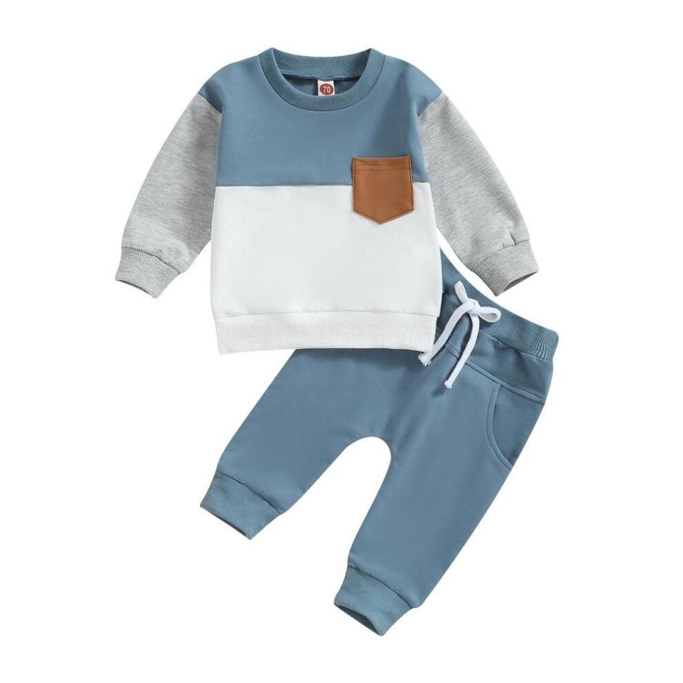 (blue, 12-18 Months) Baby Boy 2 Piece Tracksuit 6m 12m 18m 24m 3y Contrast Color Long Sleeve Sweatshirt And Elastic Pants For Toddler Fall Outfits