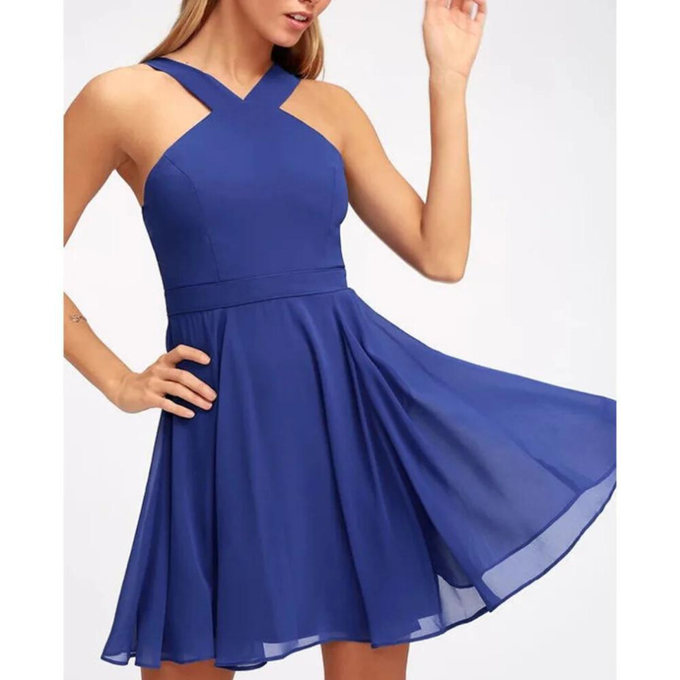(blue, S) Women Sleeveless Backless Sexy Club Mini Dress 2024 Summer Party Strappy Back Zipper Solid Shift Halter Short Dresses