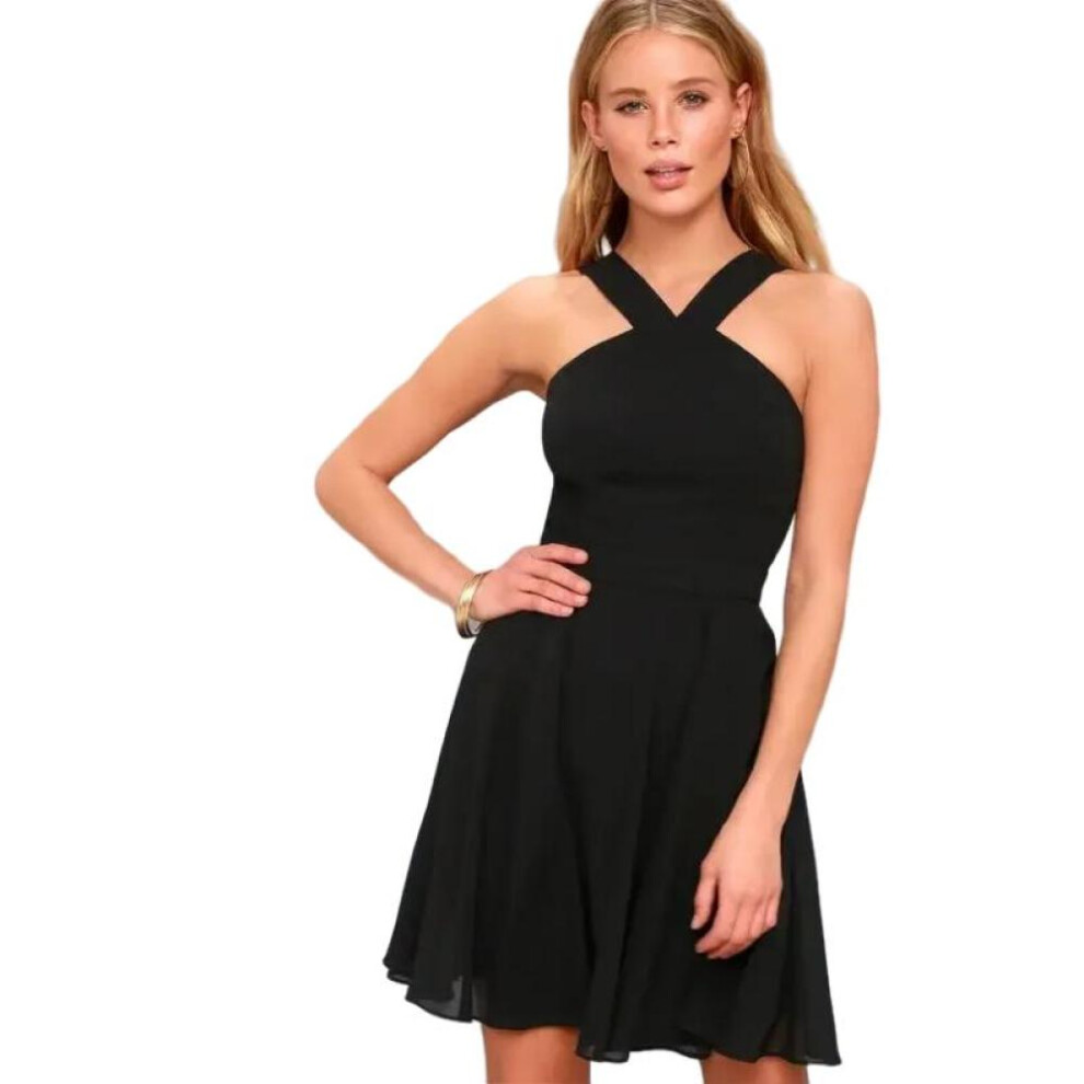 (black, L) Women Sleeveless Backless Sexy Club Mini Dress 2024 Summer Party Strappy Back Zipper Solid Shift Halter Short Dresses