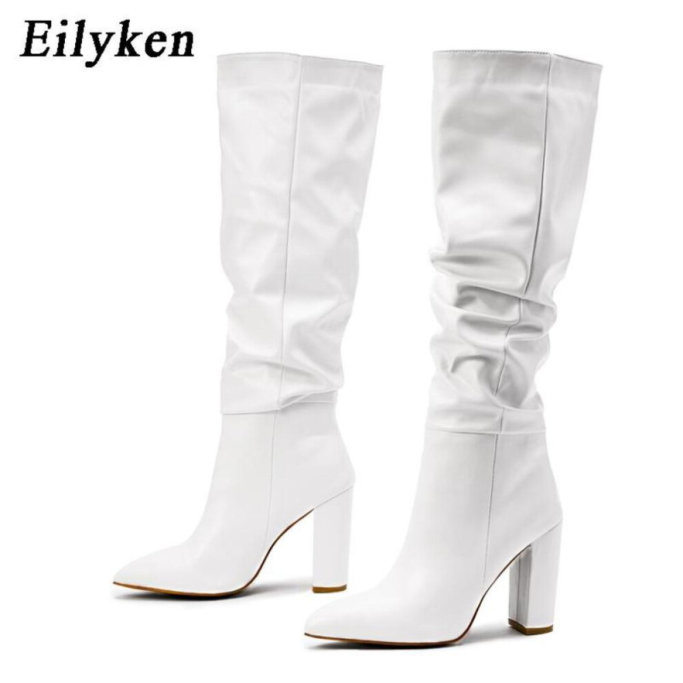 (white, 40) Eilyken Fashion White Black Women Knee High Boots Sexy Pointed Toe Square Heels Ladies Long Slip On Female Shoes Size 35-42