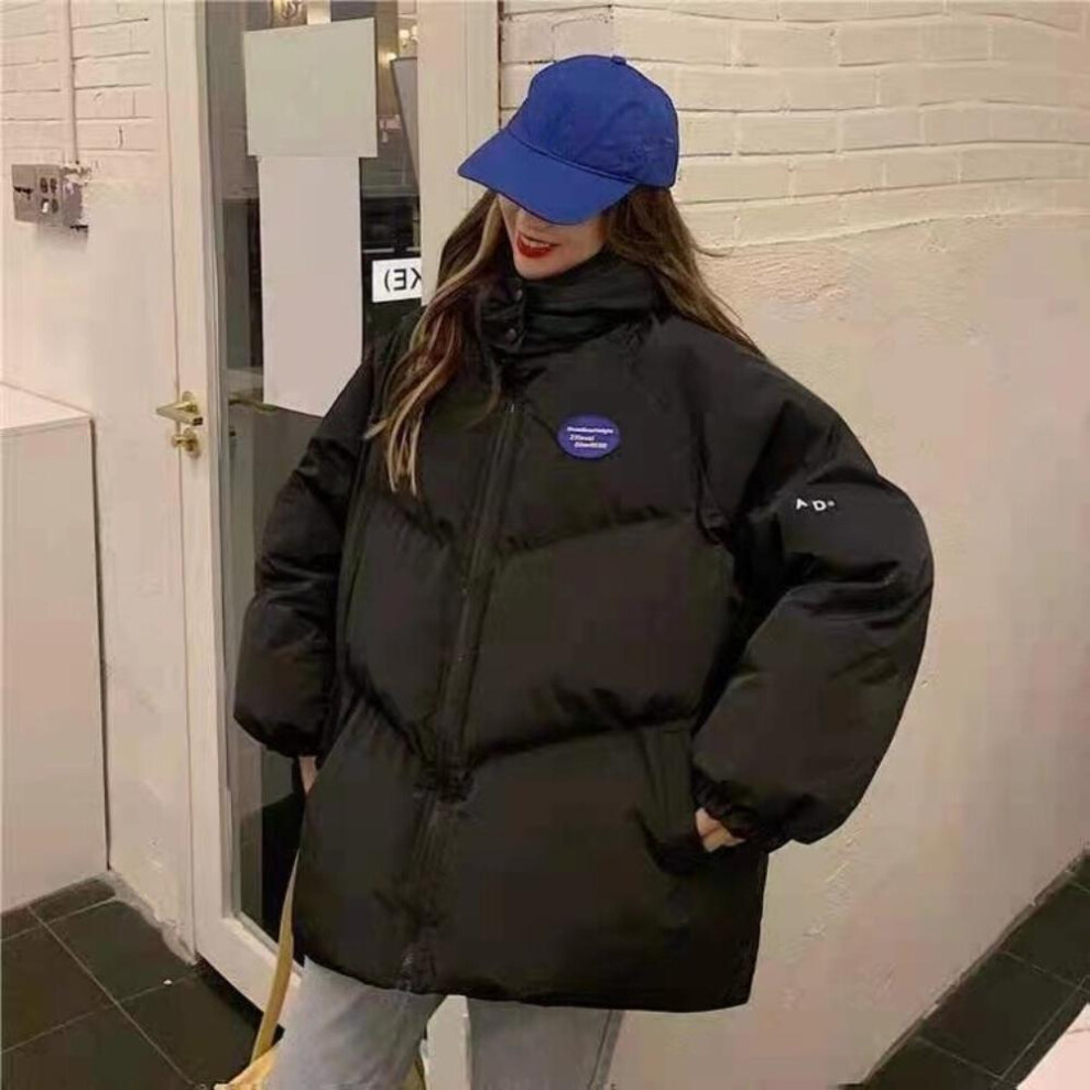 (black, S) Winter New Down Cotton Jacket Ladies Korean Loose Thick Hooded Long-sleeved Candy-colored Warm Parka Coat