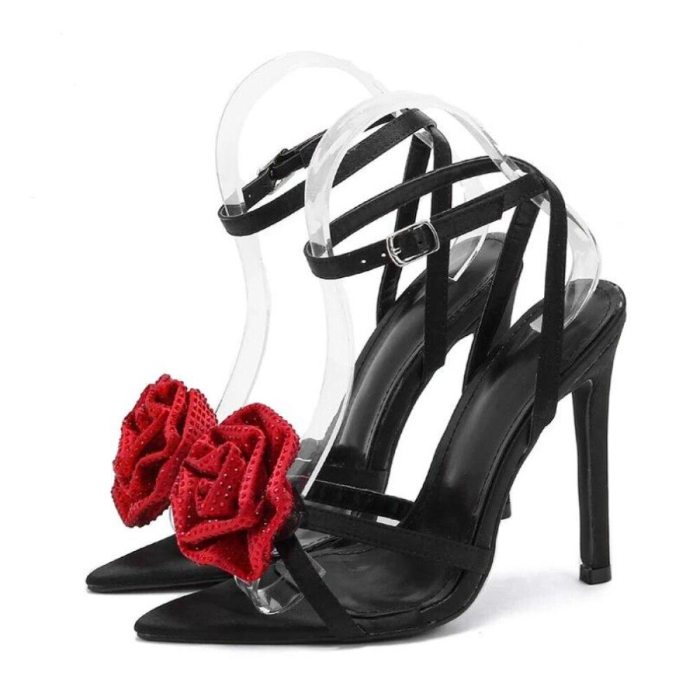 (black, 38) Eilyken Crystal Flower Ankle Buckle Strap Thin Heels Denim Sandals Women&apos;s Pointed Toe Party Female Shoes Sandalias Mujer