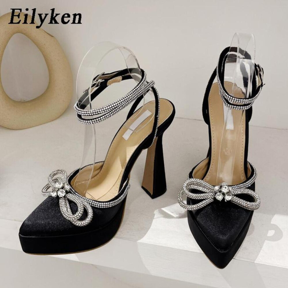 (black, 39) Eilyken Fashion Bowknot Party Pumps Pointed Toe Sexy Platform Women Shoes Crystal Buckle Strap High Heels Prom Sandal