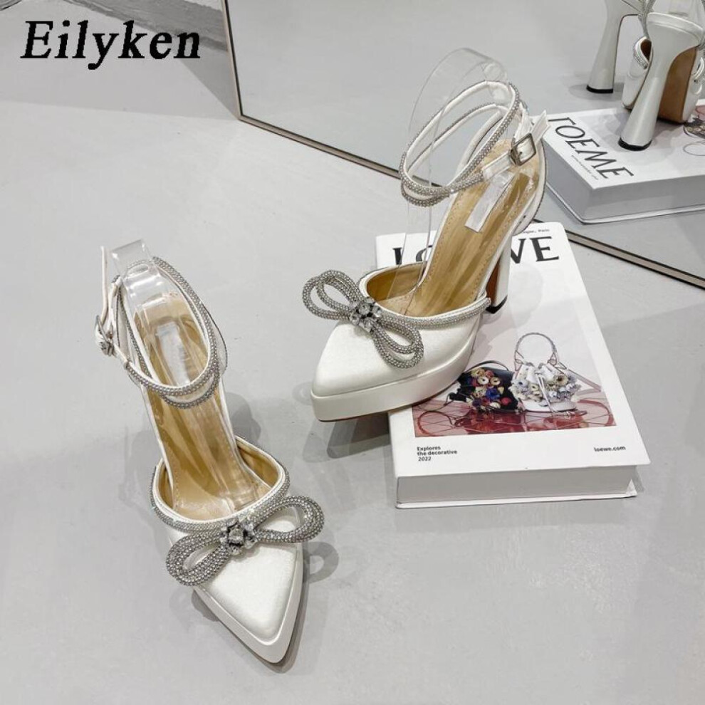 (white, 38) Eilyken Fashion Bowknot Party Pumps Pointed Toe Sexy Platform Women Shoes Crystal Buckle Strap High Heels Prom Sandal