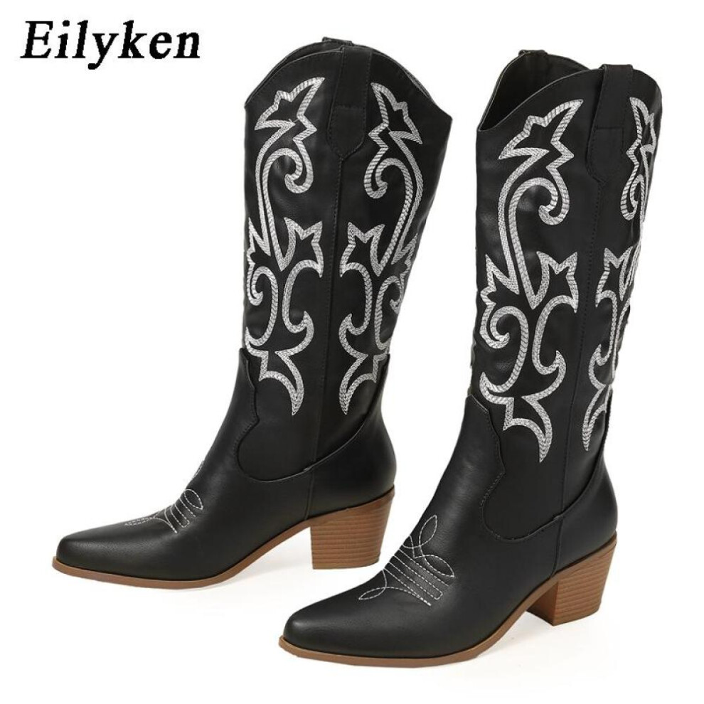 (black, 38) Eilyken Retro Autumn Winter White Knee High Boots Big Size 42 Women Comfy Walking Female Western Cowboy Boot For Dropshipping