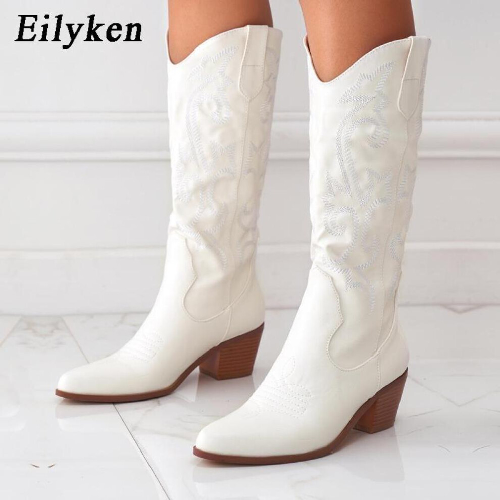 (white, 42) Eilyken Retro Autumn Winter White Knee High Boots Big Size 42 Women Comfy Walking Female Western Cowboy Boot For Dropshipping