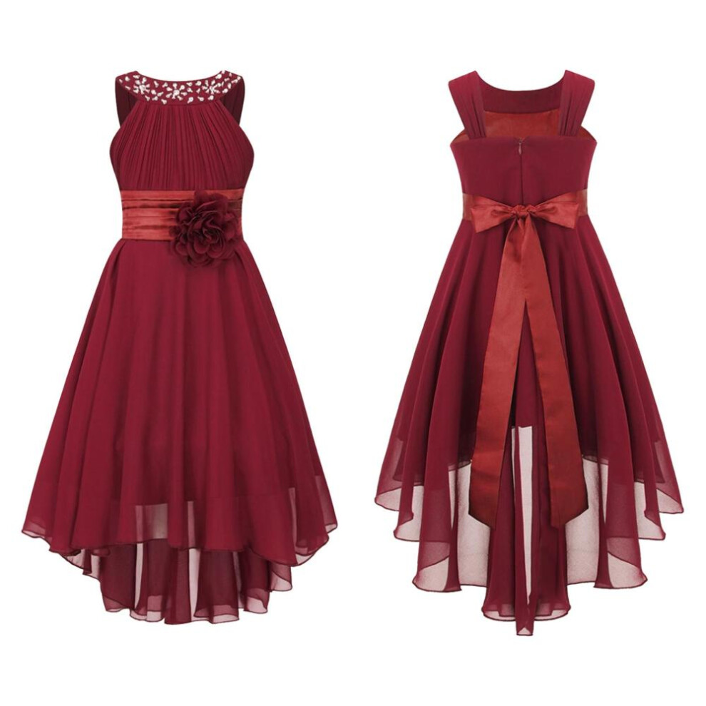 (burgundy, 7-8 Years) Kids Wedding Flower Girls Party Dress Sleeveless Shiny Beaded Hi-low Hem Elegant Chiffon Dress For Birthday Evening Prom