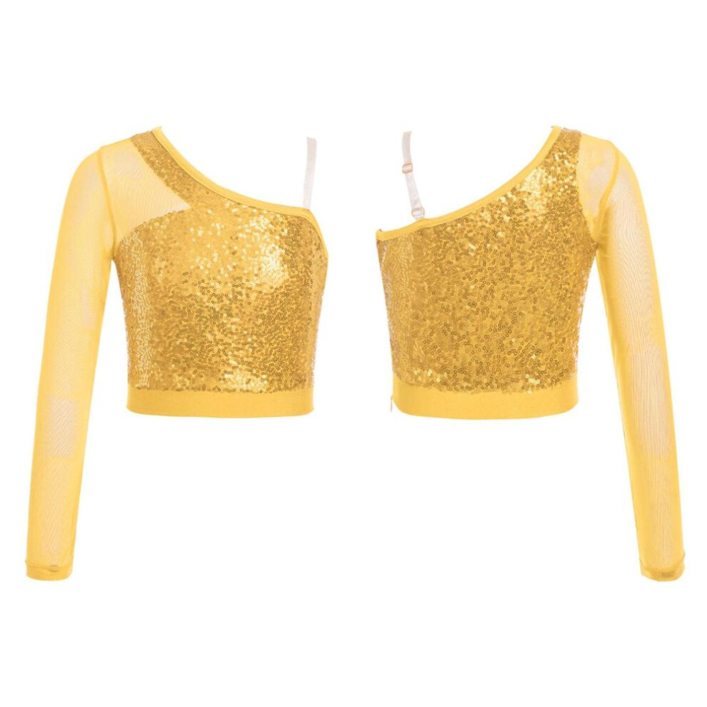 (gold, 13-14 Years) Kids Girls Sequins Dance Top Sheer Mesh Long Sleeve One Shoulder Side Zipper Crop Top For Stage Performance Competition