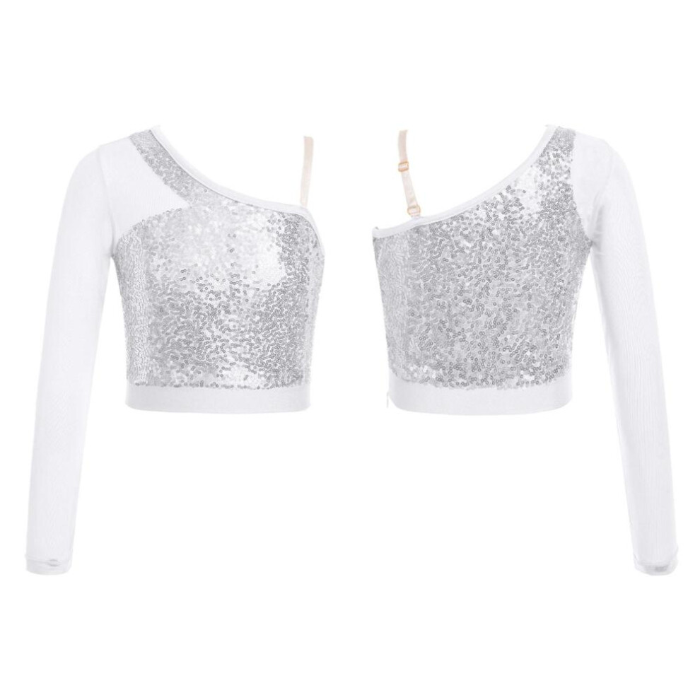 (silver, 13-14 Years) Kids Girls Sequins Dance Top Sheer Mesh Long Sleeve One Shoulder Side Zipper Crop Top For Stage Performance Competition