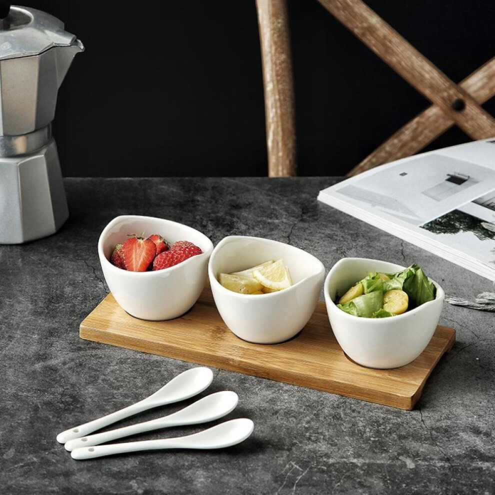 (as the picture) Ceramic Bowl Bamboo Wood Tray Condiment Dip Sauce Ramekins Set Spoons On Bamboo Sampler Serving Tray