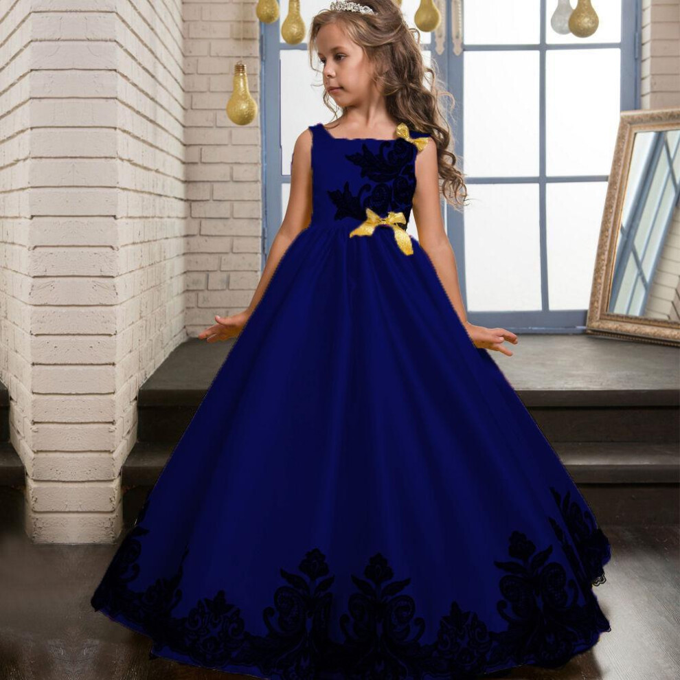 (blue, 170) High Quality Kids Girls Wedding Embroidery Princess Party Pageant Formal Dress Sleeveless Silk Tulle