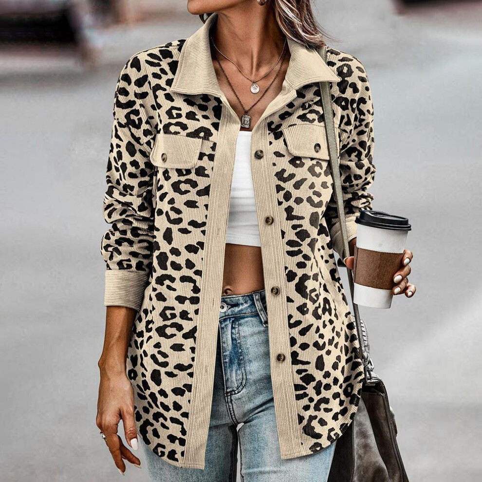 (apricot, S) Spring And Autumn Leopard Jacket Women Corduroy Jacket Coat Women Overshirt Long Sleeve Loose Shirt Jackets For Women