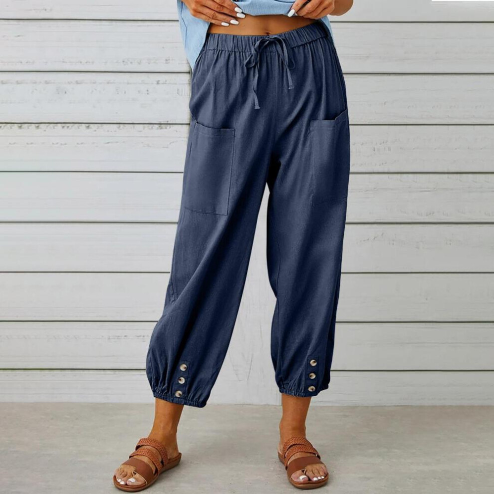 (navy blue, 3XL) Vintage Boho Cotton Linen Pants For Women Summer Pockets Thin Beach Trousers Woman Casual High Waist Loose Harem Pants