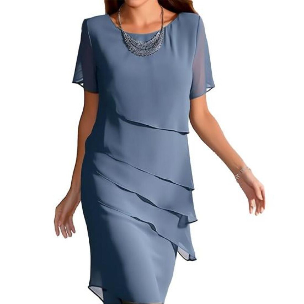 (blue, 3XL) Women Fashion Chiffon Dress Round Neck Short Sleeve Solid Color Pleated Dress Elegant Ladies Evening Party Midi Dress For Vacation Cocktail Party