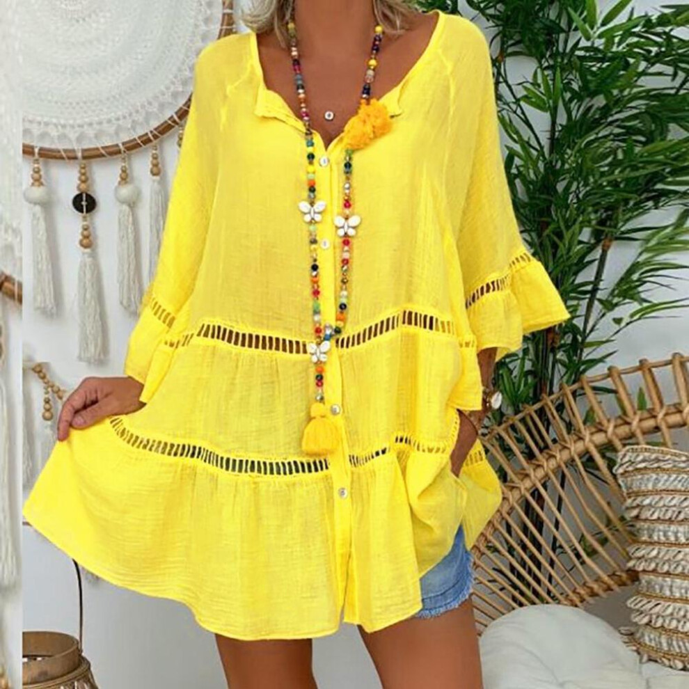 (yellow, M) Women Flare Sleeve Cotton Shirt Oversized Hallow Out Loose Blouses Solid Color Yellow White Buttoned Ruffle Plus Size Tops