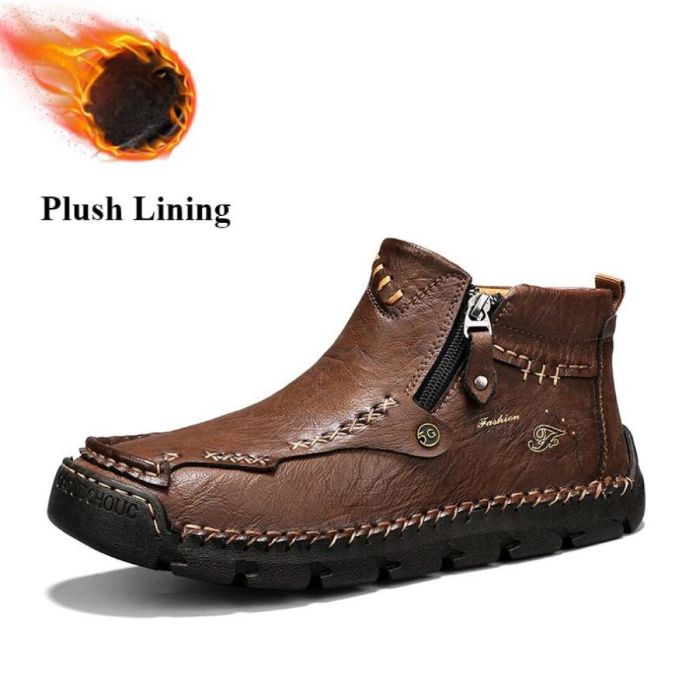 (light brown, 42) Plus Size 39-48 Men&apos;s Leather Casual Shoes Handmade High-top Shoes Casual Shoes Autumn And Winter
