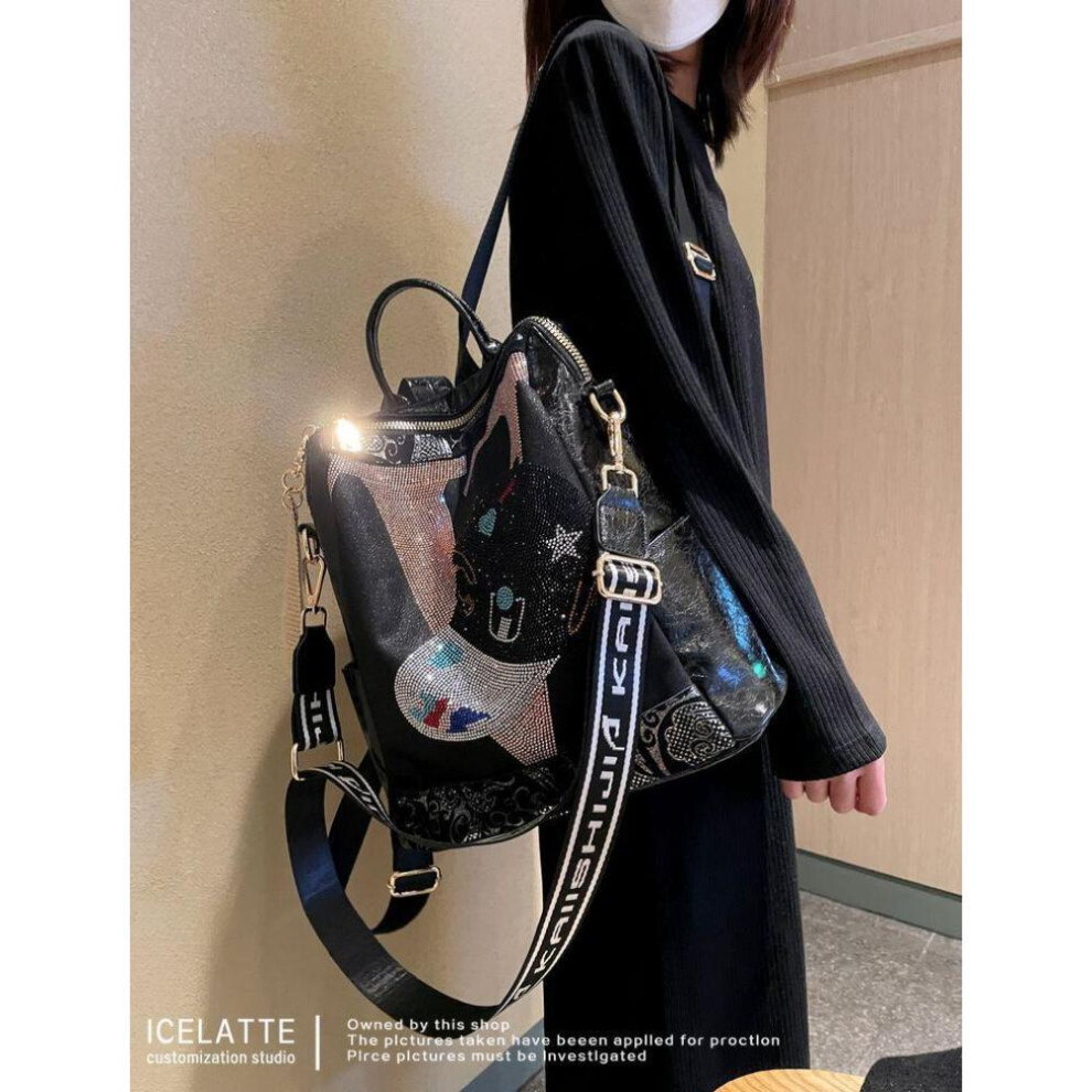 (black) Fashionable Women&apos;s Backpack Versatile And Premium Genuine Leather Backpack Large Capacity Casual Hot Diamond Shoulder Bag Fashion