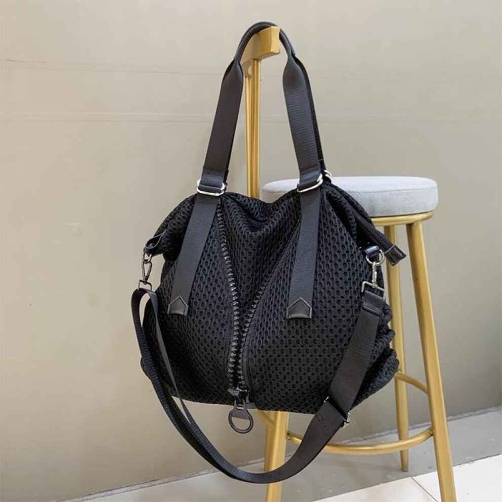 (black) Nylon Mesh Bag Women&apos;s New Casual Shoulder Bag Large Capacity Travel Bag Trend Large Zipper Broadband Crossbody Bag