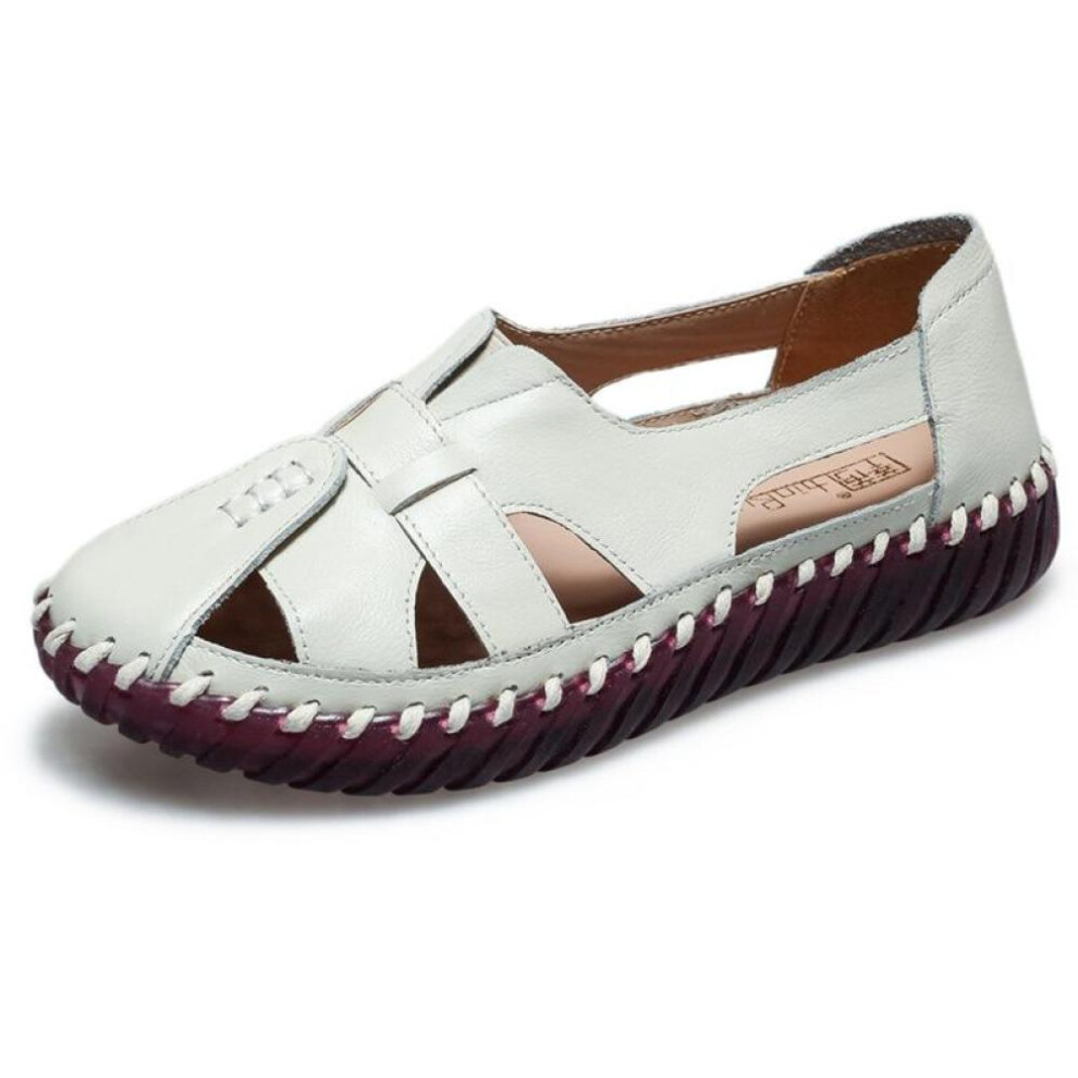 (white, 39) Genuine Leather Women Flat Hollow Summer Shoes Female Breathable Beach Sandals