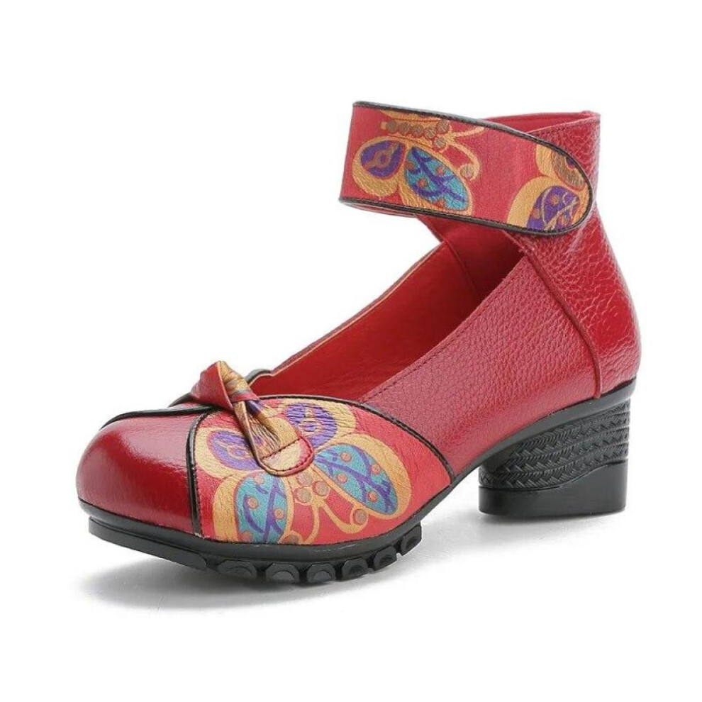 (red, 38) Johnature Ethnic Style Low Heel Women&apos;s Shoes Genuine Leather Printed Casual Soft Sole Comfortable Pumps