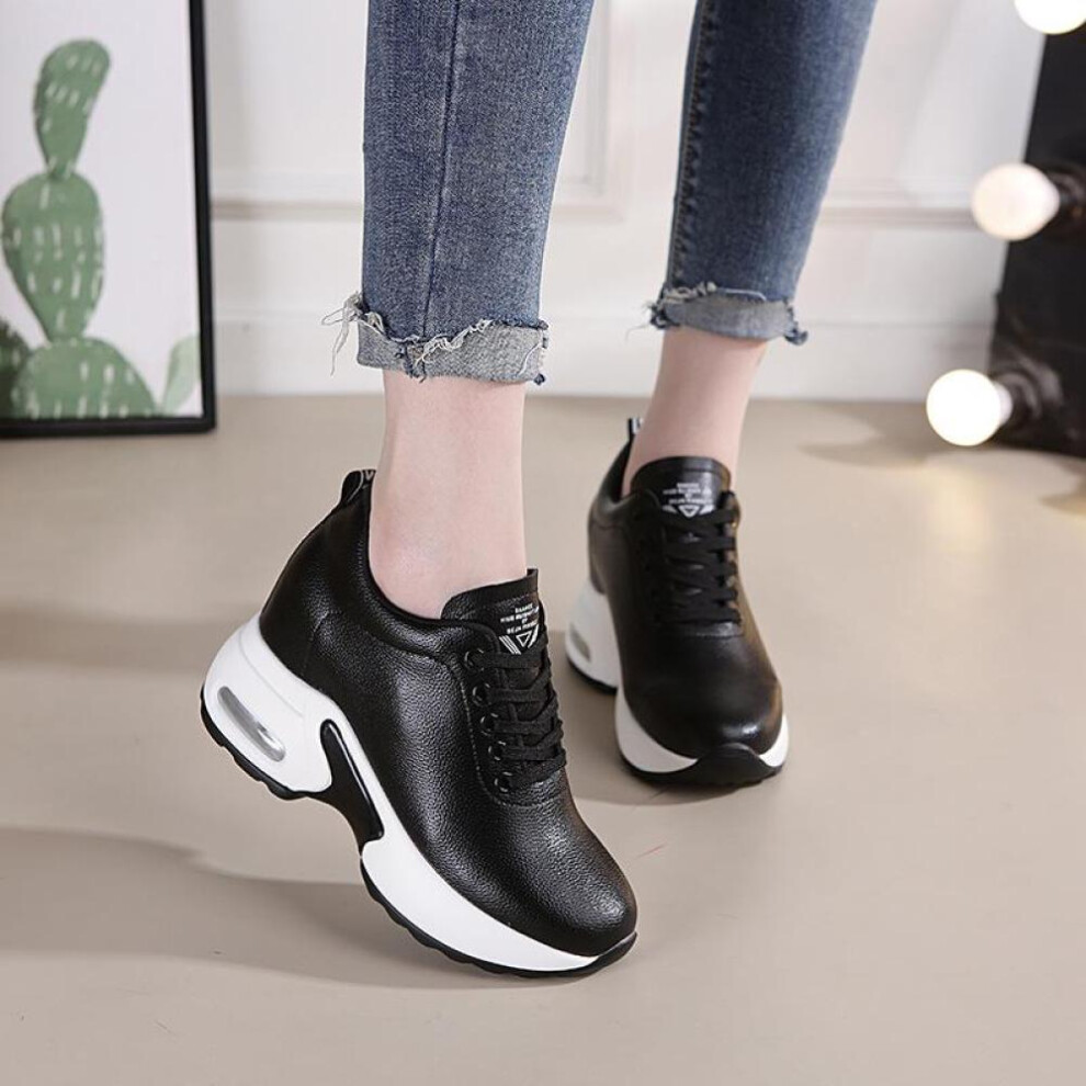 (black, 40) Fujin Genuine Leather White Comfy Height Sneakers Women Heels Casual Shoes Platform Sneakers Wedge White Shoes Increase Footwear