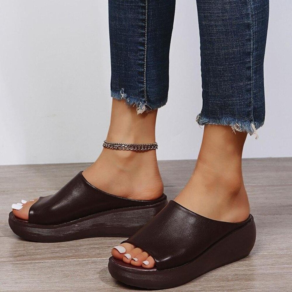 (auburn, 41) Fashion Women Leather Slippers White Ladias Retro Peep Toe Platform Shoes Clogs Slip On Sandals Wedges Sandles Shoe
