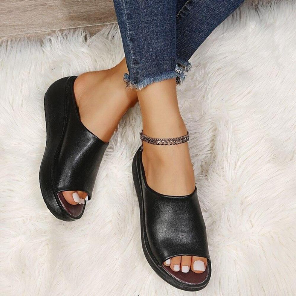 (black, 38) Fashion Women Leather Slippers White Ladias Retro Peep Toe Platform Shoes Clogs Slip On Sandals Wedges Sandles Shoe