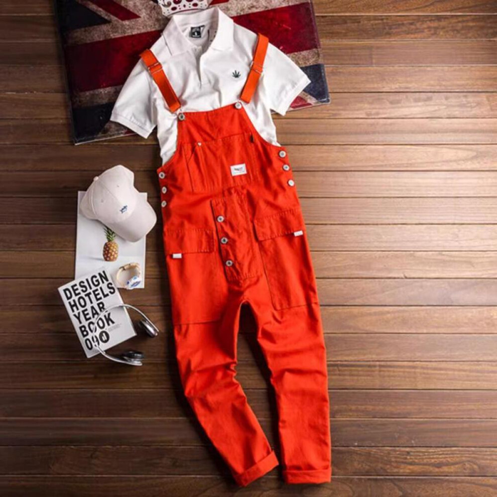 (orange, XL) Men's Denim Overalls Men's Retro Casual Jumpsuit Men's Loose Multi-pocket Overalls