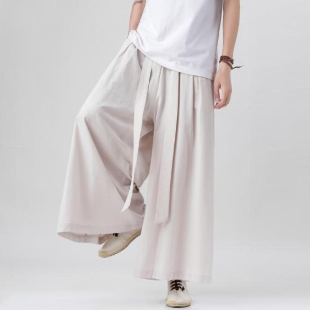 (beige, 5XL) 2024 Men Chinese Style Harajuku Cotton Linen Pants Man Japanese Kimono Pants Male Streetwear Summer Retro Wide-leg Loose Trousers