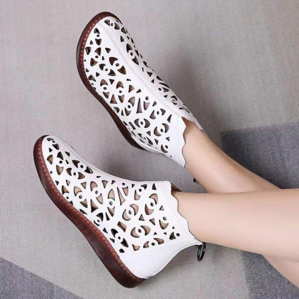 (white, 40) Summer New Hollow Hole Sandals Women&apos;s Flat Bottom Roman Sandals Round Head Soft Bottom Large Short Boots Women