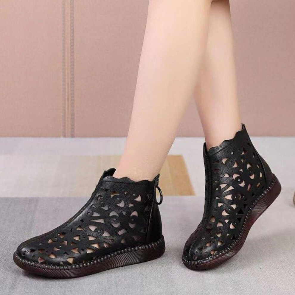 (black, 36) Summer New Hollow Hole Sandals Women&apos;s Flat Bottom Roman Sandals Round Head Soft Bottom Large Short Boots Women