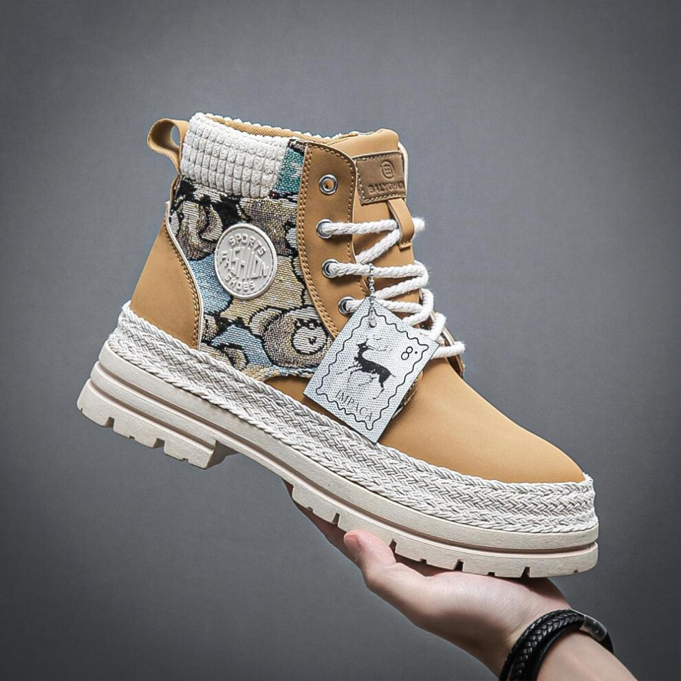 (yellow,khaki, 47) Trendy Men High Top Ankle Boots Designer Brand Comfortable Leather Boots Chelsea Boot Work Safety Sports Shoes