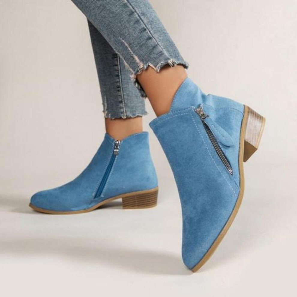 (blue, 36) Women&apos;s Ankle Boots Suede Ankle Booties Side Zipper Booties Low Heel Dress Boots, Classic Chunky Heel Modern Short Slip On Zipper Shoes