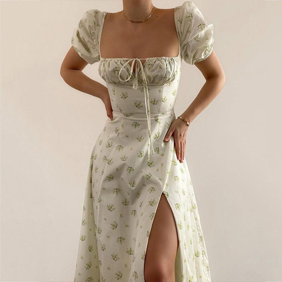 (white,green, S) Summer Casual Dresses Women&apos;s Sexy Floral Print Dress Women Slim Lace-up Short Sleeve Dress