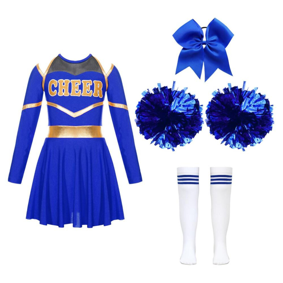 (blue, 5-6 Years) Kids Girls Dance Outfit Round Neck Long Sleeve Dress With Shorts Bowknot Headwear Hand Flowers Socks Cheerleading Uniform Outfits