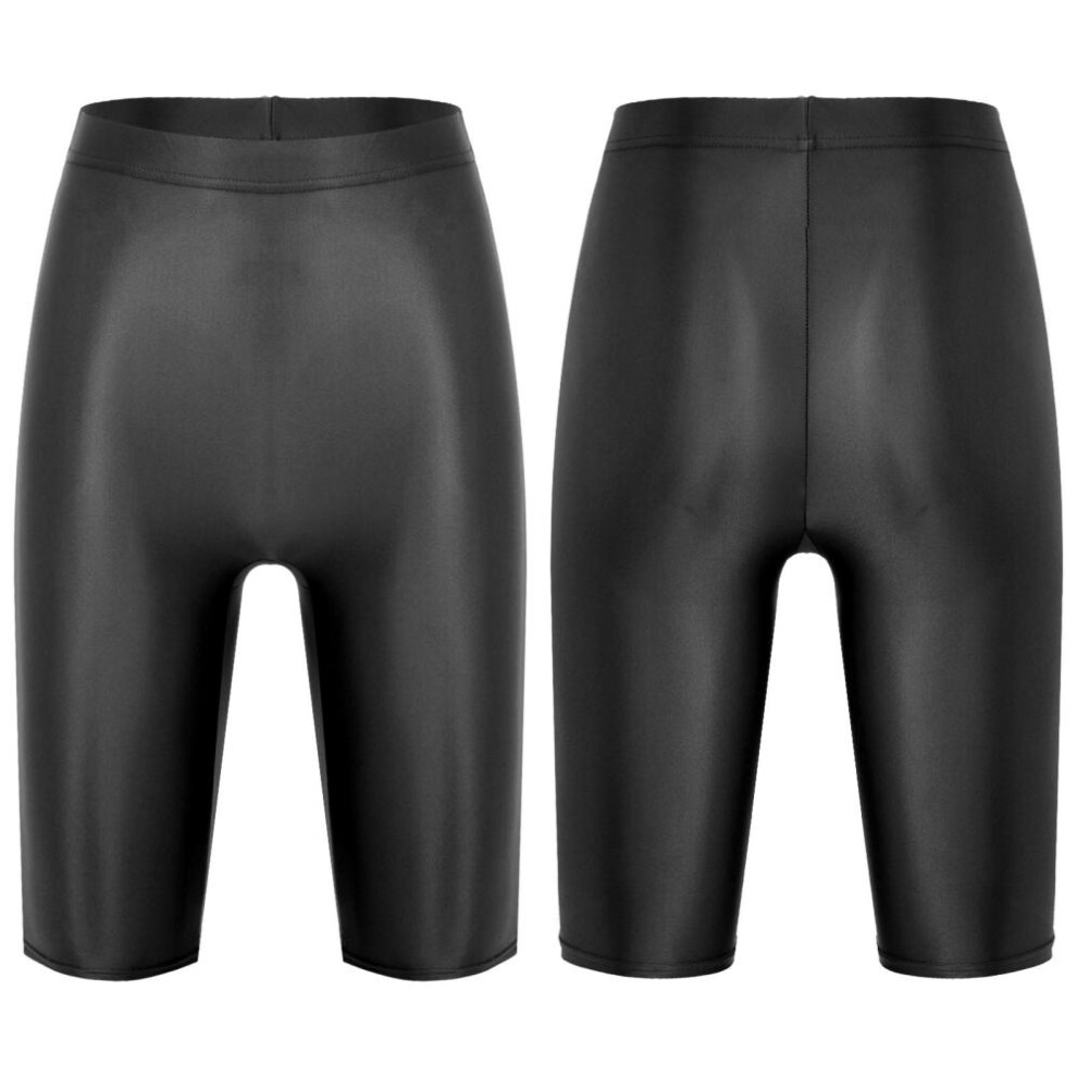 (black, M) Womens Glossy High Waist Shorts Elastic Waistband Short Leggings Swimwear Workout Sports Bottoms