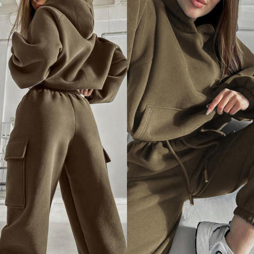 (beige, S) Women Hooded Tracksuit Two Pieces Set Sweatshirts Pullover Hoodies Pockets Pants Suit Drawstring Trousers Sports Outfits
