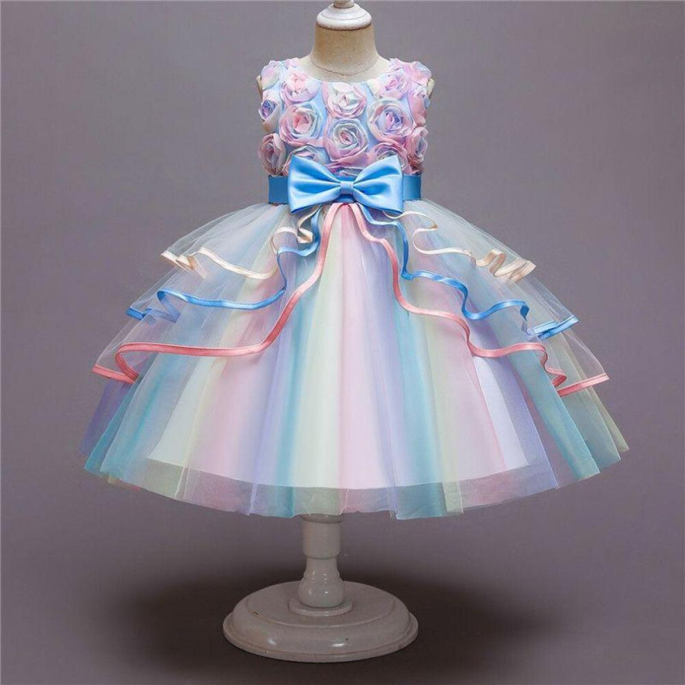 (light blue, 150cm) Kids Dress For Girls Flower Appliques Ball Gown Little Girl Princess Dresses Elegant Party Costumes Children Clothing