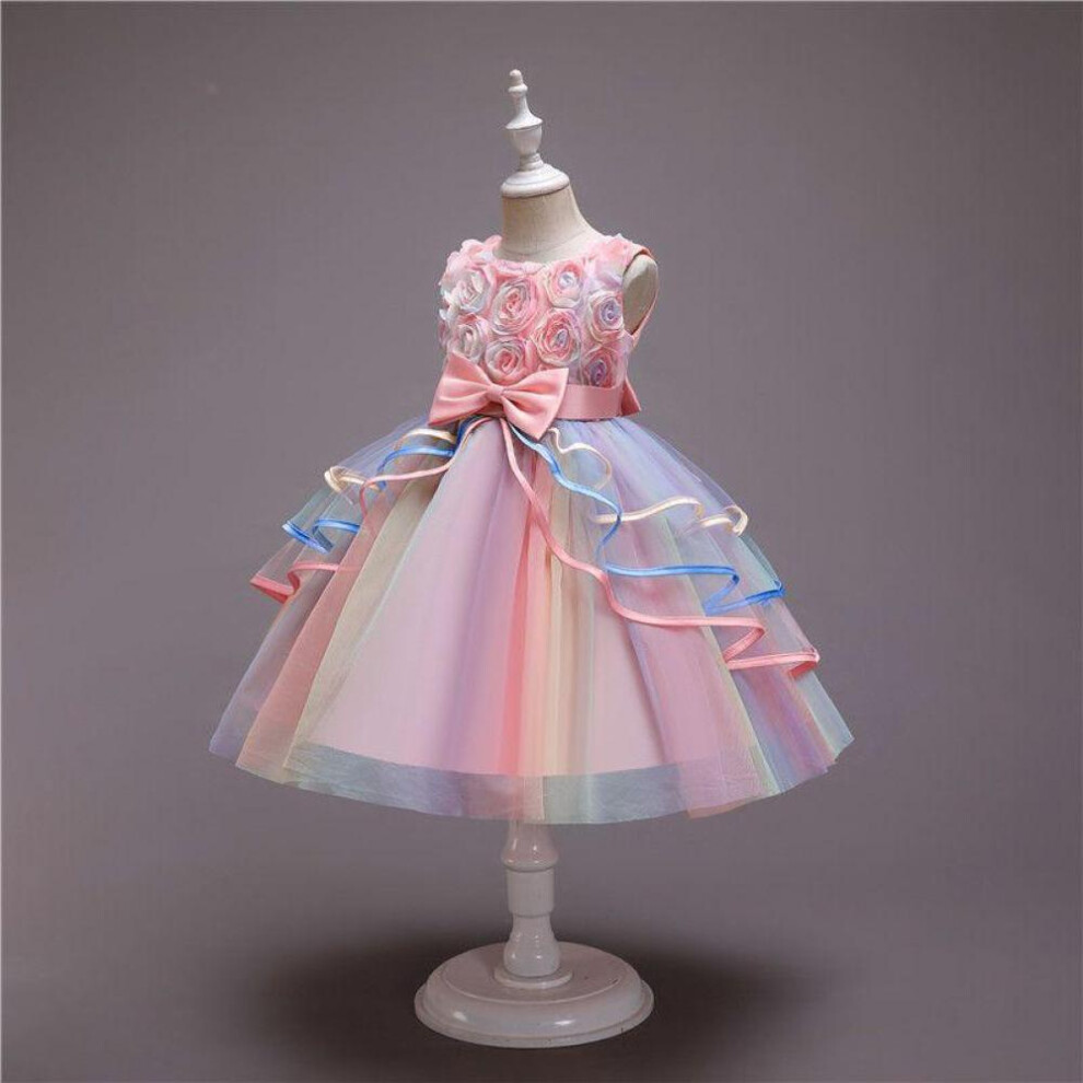 (pink, 130cm) Kids Dress For Girls Flower Appliques Ball Gown Little Girl Princess Dresses Elegant Party Costumes Children Clothing