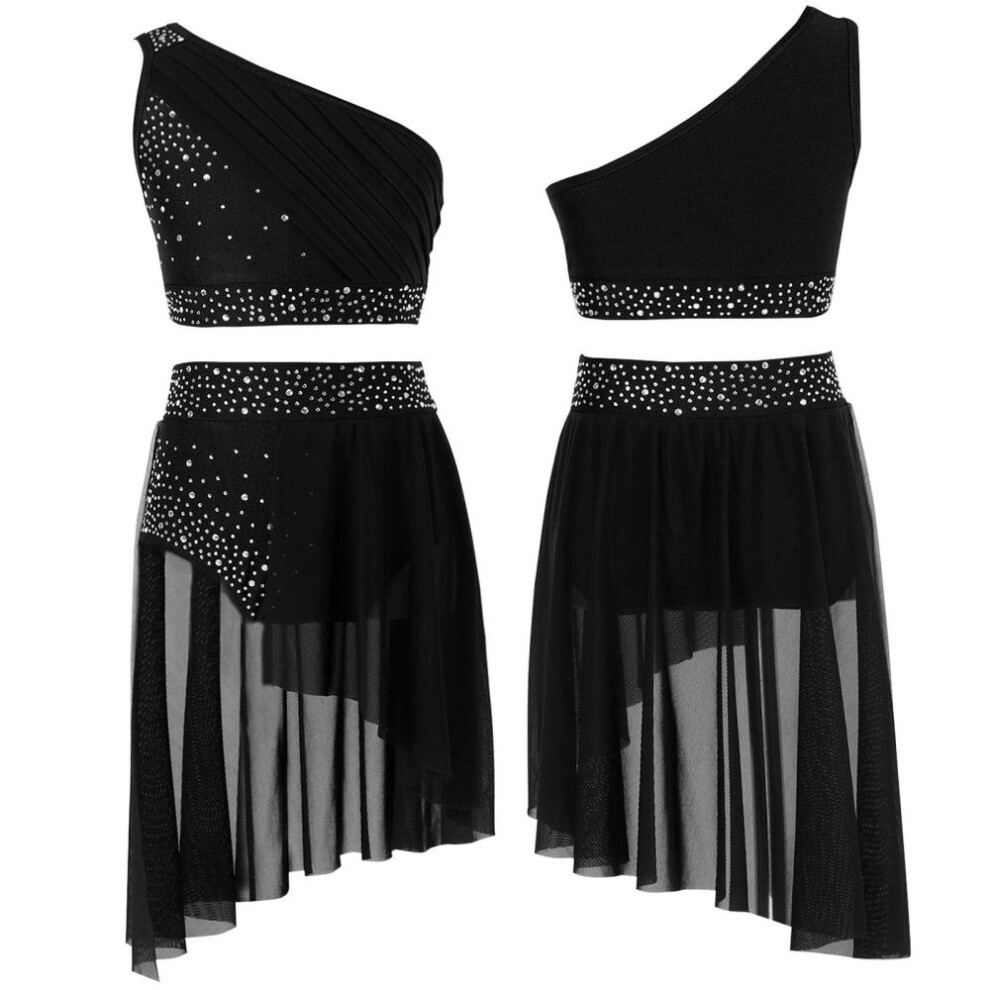 (black, 11-12 Years) Kids Girls 2 Pieces Dance Outfit Ballet Gymnastics Leotard Athletic Crop Top with Tutu Skirt Lyrical Dance Dress