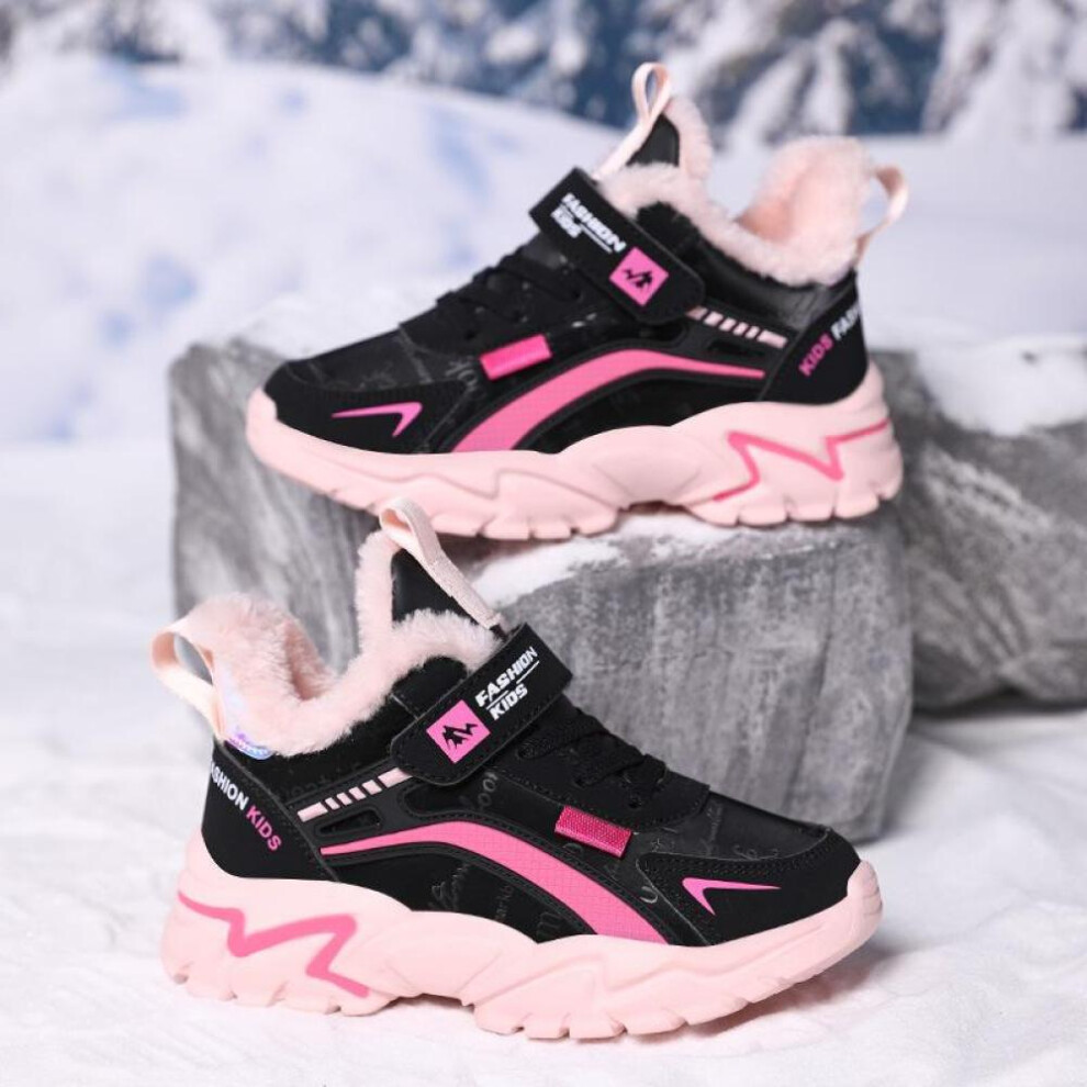 (black, 35) Winter Plush Warm Kids Csual Shoes Waterproof Leather Children&apos;s Sneakers Sport Runnign Pink Girls Shoes Sneakers