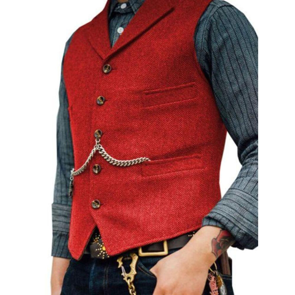 (red, XXL) Men&apos;s Suit Vest Brown Herringbone Wedding Waistcoat Steampunk Style
