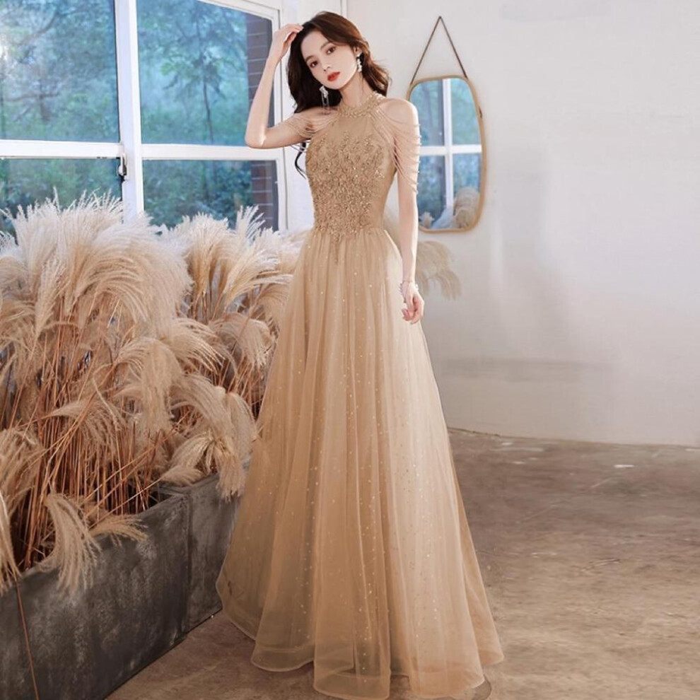 (khaki, L) Elegant Celebrity Dress Sequins Beading Halter With Tassel Sleeve A Line Exquisite Floor Length Prom Evening Gowns