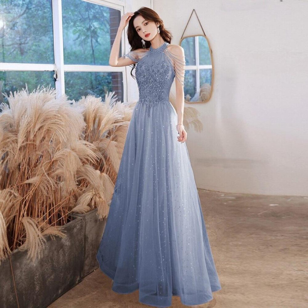 (blue, M) Elegant Celebrity Dress Sequins Beading Halter With Tassel Sleeve A Line Exquisite Floor Length Prom Evening Gowns