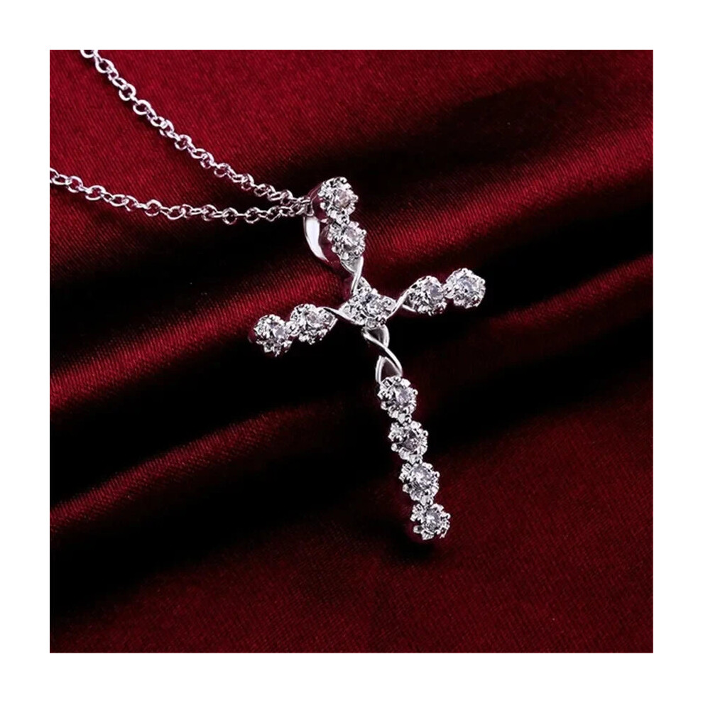 925 Sterling Silver Crystal Cross Womens Necklace
