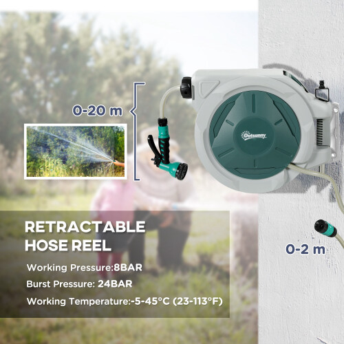 Outsunny Outsunny Retractable Hose Reel Wall Mounted with Lock, Light Grey 2