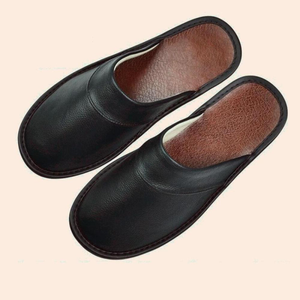 (fuchsia-black, 45) Luxury Cow Split Leather Handmade Men Home Slippers Spring Slip On Soft Comfortable Black Brown Bedroom Indoor Flat Men Shoes